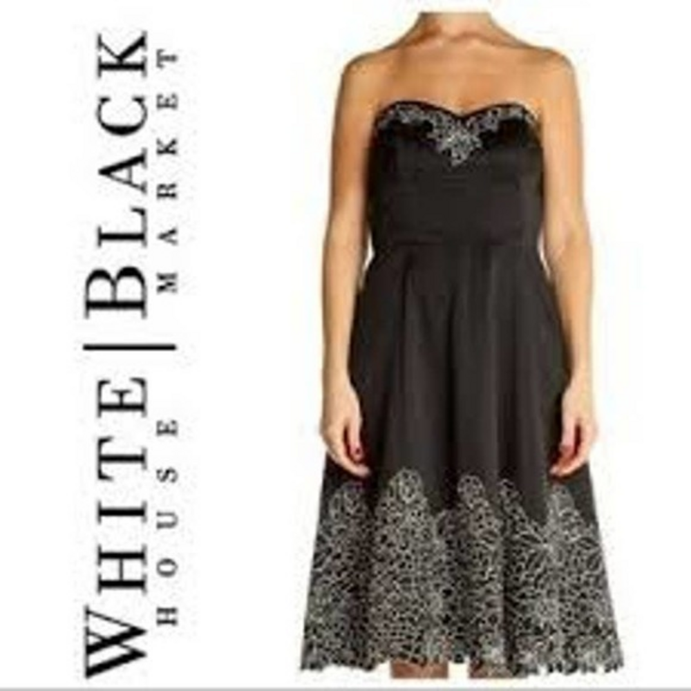 WHBM Black Floral Embroidered Strapless Dress‎